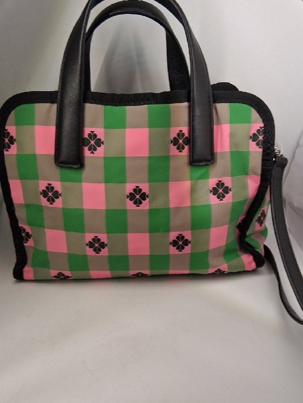 kate spade Pink and Green Check Satchel with Black Trim nwot - Picture 2 of 6